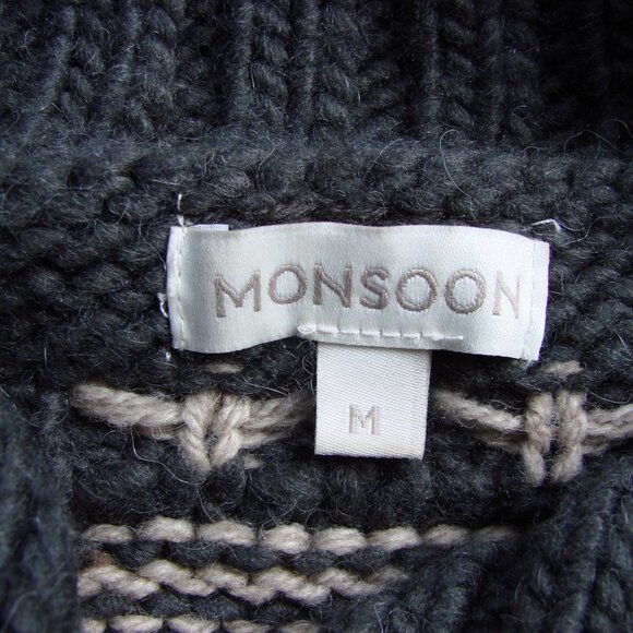 Chunky Knit Cardigan Sweater Gray Cream Aztec Pattern Wool Alpaca Blend Medium - Picture 3 of 16